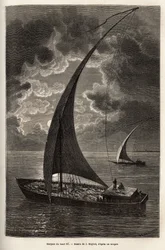Les barques du haut Nile, reduced crew and passengers sleeping on deck, in moonlight, J.Moynet