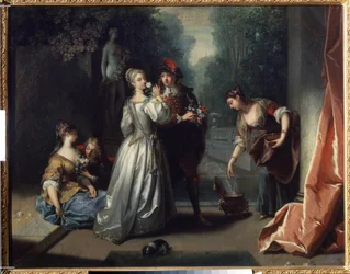 五感：「ロドラト（匂い）」花の香りを嗅ぐ貴族の若者たち。 Jean Raoux (1677-1734) による絵画 1725-1735 プーシキン美術館、モスクワ