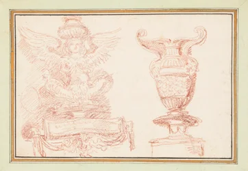 翼のある人物と花瓶の装飾の詳細