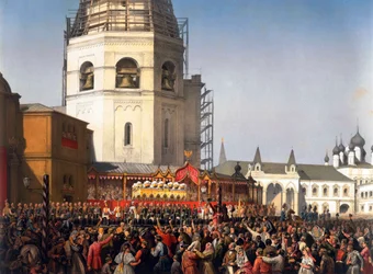 ロシア皇帝アレクサンドル2世の戴冠式後の行列、モスクワ、1856年。