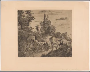 男性のグループによって横に持ち上げられたワゴンが水に突き刺さっている風景