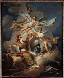 フランスのマレシャル（1684-1761）であるベルアイル公爵ルイ・シャルル・オーギュスト・フーケのアレゴリーな肖像画。絵画の中の絵画。ジャン・ヴァラード（1709-1787）による絵画 1758年日。1x0.8 m