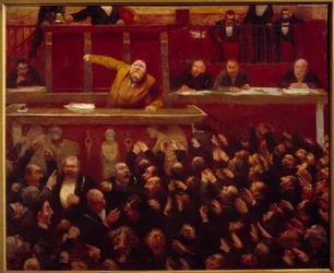 社会主義者の代議士ジャン・ジョレス（1859-1914）、代議院の演壇にて。ジャン・ヴェベール（1868-1928）による絵画、1903年。パリ、カルナヴァレ博物館