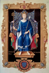 ヴァロワ国王フィリップ 6 世 (1293-1350) の足元の肖像画 ジャン デュ ティレ (1484-1520) による「「フランス王の記録」」からのミニチュア 16 世紀のパリ、B.N.