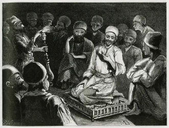 ペルシャの語り部が聴衆を取り囲んでいます。旅人の作者による、"ペルシャ、カルディ、スシアネ "の物語を説明するためのエングレーヴィング。