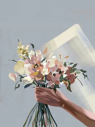 パステルカラーの花を抱えた手
