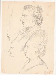キャロライン・マチルド女王、J.F. Strueensee と Enevold Brandt、そしておそらく Juel 自身による草稿。 左のプロフィールのすべて