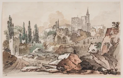 木々と岩に囲まれた宮殿のある展望