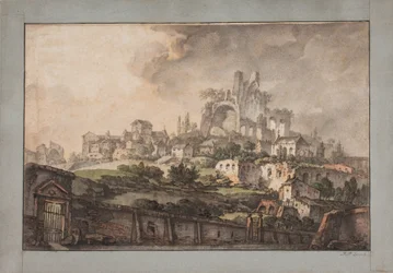 前景に壁、背景に教会と廃墟があるローマの展望