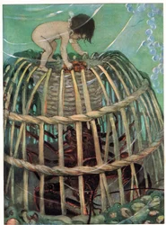 トムとロブスター ポット、牧師チャールズ キングスレーによる「The Water Babies」のイラスト (カラー リソ)