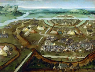 初期ネーデルランド美術：La bataille de Pavie - The Battle of Pavia（パヴィアの戦い） par Patinier（Patenier ou Patinir）, Joachim, follower of , ca 1530.木に油彩、31x41。ヴィエンヌの美術史博物館