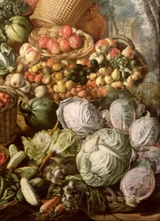 果物、野菜、市場の女を描いた静物の部分、1564年