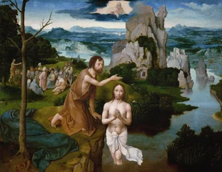 キリストの洗礼（詳細）」。ヨアヒム・パティニール（パティニエ、Patenier）の絵画(1480-1524)