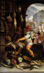 饗宴の譬えのある台所風景」の詳細 男が魚をさばく。ヨアヒム・ウテワエル（1556-1638）の絵画 日。0.63x1 m パリ、ルーヴル美術館