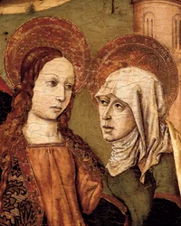 訪問の祭壇画、聖母がエリザベスに会う、詳細、c。 1488-1516（木にテンペラ）