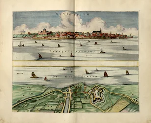 121.1 デルフトに関するテキストで 1652 年に選出された町長のリストから、クーマンの Atlantes Neerlandici の日付。 米国議会図書館の Web サイトからラスター イメージとして入手することもできます。 活版印刷のタイトルが貼り付けられた刻印されたタイトル ページ。 LC コピー帳