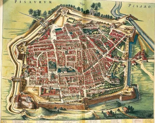イタリア、ペーザロの地図、ジョアン・ブラウの『Theatrum civitatum et admirandorum Italiae』より、エングレーヴィング。