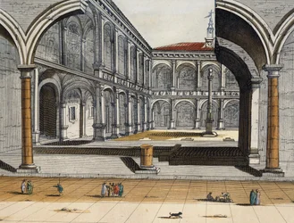 ボローニャの旧大学の中庭の眺め、Joan Blaeu、彫刻、イタリア