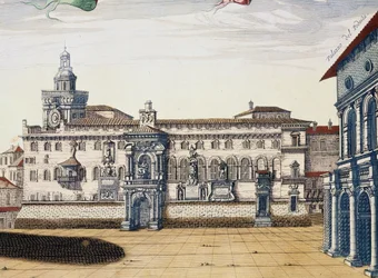 1663年にアムステルダムで出版された『Theatrum civitatum et admirandorum Italiae』からGiacomo LauroとJoan Blaeuが描いたボローニャの古い広場の眺め。