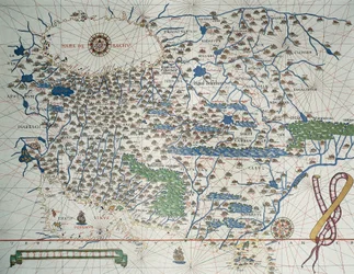 アルメニア、イラン、アフガニスタンを含むアジアの地図、風配図、港、海岸、海路の詳細、Atlas de Joan Martinesより