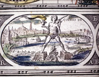 1630年にアムステルダムで印刷されたヤンソンJannsoniusのアトラスに描かれた古代の七不思議「ロードス島の巨像」の表現。個人蔵。