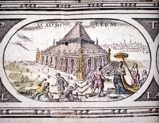 1630年にアムステルダムで印刷されたヤンソンヤンソニウスのアトラスに掲載されている「古代の七不思議：ハリカルナッソスの霊廟」の表現。個人蔵。