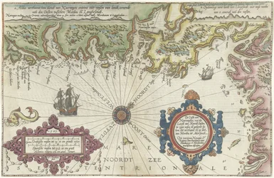 MerdøyとUddevallaの間のノルウェーとスウェーデンの海岸の地図 Custe van Noorweghen、その土地 van Noordt 東にその wesen と形状 (...) (オブジェクトのタイトル)