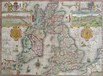 グレートブリテンおよびアイルランド王国の地図、1610年（手描きの彫刻）