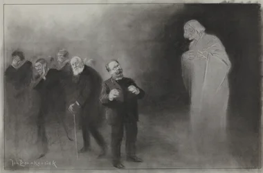 De Amsterdammer のイラストのデザイン: 1907 年 1 月 13 日、Van den Stadsschouwburg の新年の願いで Schimmel を忘れる