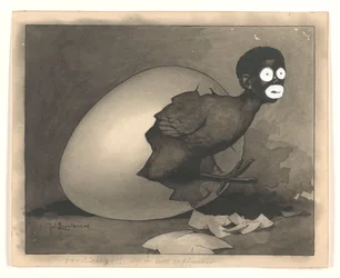 『デ・アムステルダンメル』の挿絵のための下絵：黒人男性が卵から這い出る（1930年4月19日）