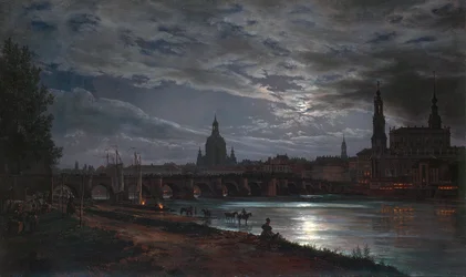 "Vue de Dresde au clair de lune" "Vue de Dresden au Clair de lune" ヨハン・クリスチャン・クラウセン・ダール（1788-1857）の絵画 1839年 油彩・カンヴァス Dim 78x130 cm ドレスデン州立美術コレクション ドレスデン