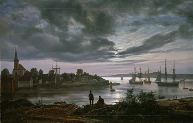""Vue de Larvik au clair de lune, Norvege"" Peinture de Johan Christian Clausen Dahl (1788-1857) 1839 オスロ、ノルウェー国立博物館