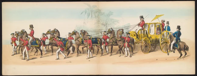 デルフト学生の仮面舞踏会、1857年（プレート3） 1857 年 5 月 5 日にデルフトの学生団のメンバーによって開催された衣装を着た行列。ジョクジョカルタのスルタンのガレベグ行列と、オランダの最も特徴的なタイプが描かれています。