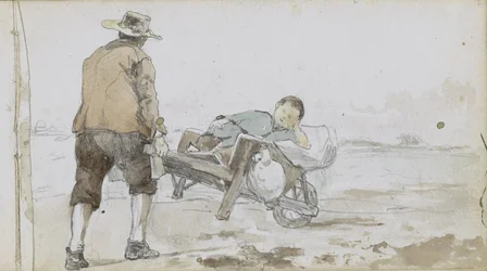 男が手押し車で男の子を押している風景