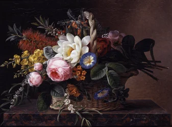 カリステモン、ユリ、箒、薔薇、コンブルバスの静物画。ヨハン・ローレンツ・イェンセン（1800-1856）個人蔵。
