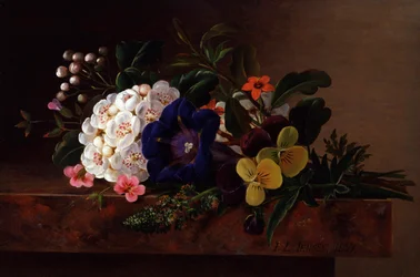 春の花の静物画。ヨハン・ローレンツ・イェンセン（1800-1856）個人蔵。