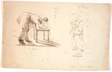 Studieblad、テレビ アーティスト自身が腰をかがめ、スツールや小さなテーブルに絵を描いているのが見られます。 将校とドレスを着た紳士の 2 つの習作の上に描かれています。 中央、研究責任者、自画像。 T.h。 アーティストは通りのランプと t で傘を持って立っています。