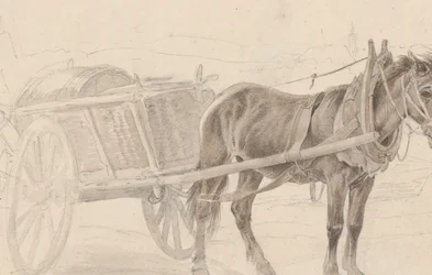 街灯柱の近くで茶色の馬が引くカート、Verso: A Group of Mounted Officers, ca. 1815年。