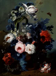 バラ、ポピー、花菖蒲の静物画。ヨハン・バプティスト・ドレヒスラー（1756-1811）作 個人蔵