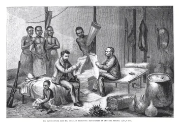 ピアソンによって刻まれた、デビッドリビングストン博士（1813-73）とヘンリーモートンスタンリー（1841-1904）が中央アフリカで新聞を受け取る