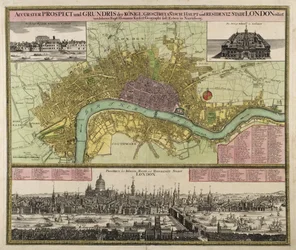 ロンドンの地図と展望、c.1710（手描きの彫刻）