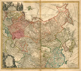 ロシアの地図 (From:Imperii Russici et Tartariae universae tam majoris et Asiatica quam minoris et Europaeae tabula） - Homann, Johann Baptist (1663-1724) - 1738 - 銅版画、水彩画 - 個人蔵