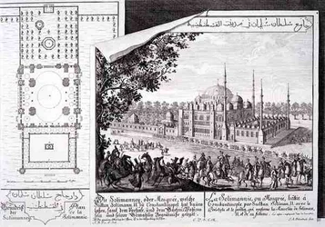 イスタンブール、スレイマニエ・モスクの平面図と眺望（「Entwurf einer historischen Architektur」より）、Johann Adam Delsenbach作