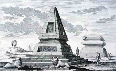 ヘリオポリスの遺跡で発見されたエジプトのソティス王の墓を示すピラミッド。 Entwurf einer historischen Architektur」より。
