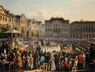 1831年のカッセル市民衛兵の旗の奉納式（カラーリトグラフ）