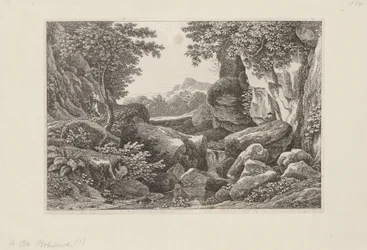 左に歩く羊飼いのいる岩山の風景