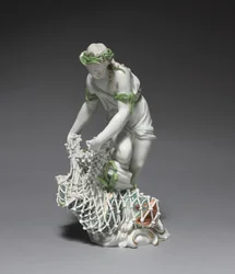 漁師、製造元ルートヴィヒスブルク磁器工場、ドイツ、1765年頃（磁器にエナメルと金色の装飾を施したもの