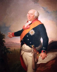 プロイセン黒鷲勲章の星を持つプロイセン国王フリードリヒ・ウィリアム2世（1744-1797）の肖像、左手はフランクフルトの地図、フランクフルト郊外に陣取るプロイセン軍のある風景画