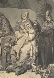 メイド、少年、犬、若い兵士と一緒にトイレにいる女性、verso: A Sketch..., 1770.