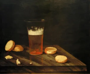 ビールグラスとパンのある静物
